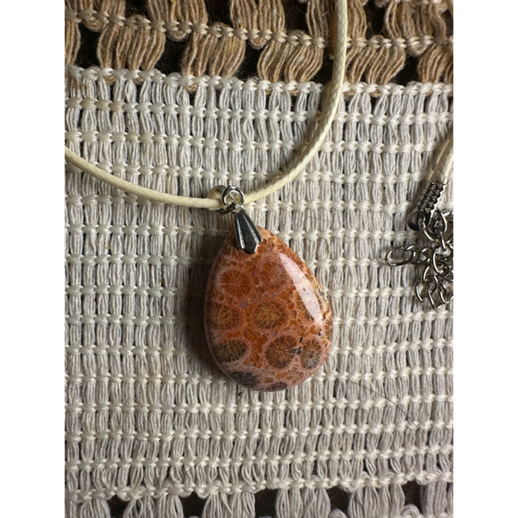 Orange and Beige Fossil Coral Teardrop Pendant Necklace - Picture 2 of 7
